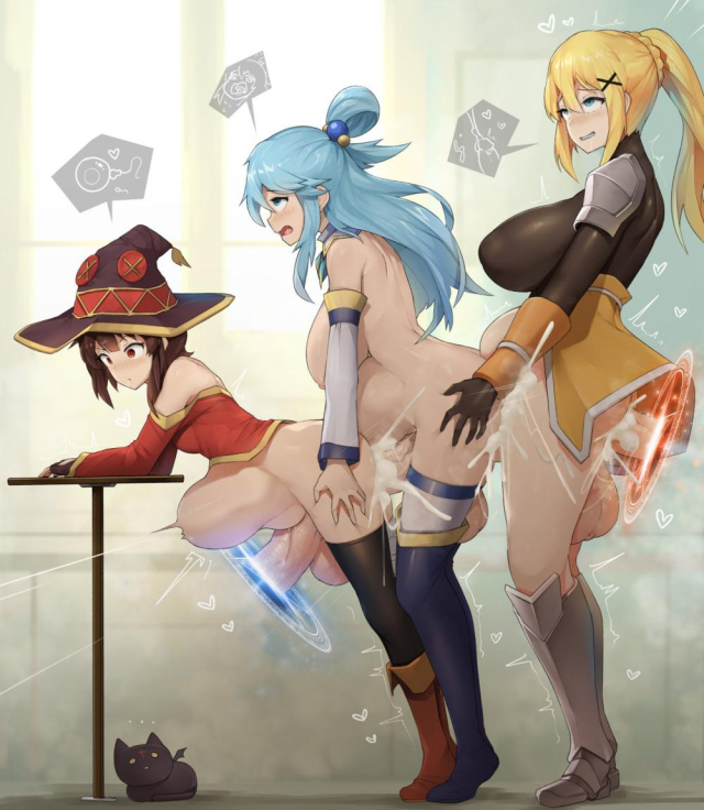 aqua (konosuba)+chomusuke+darkness (konosuba)+megumin